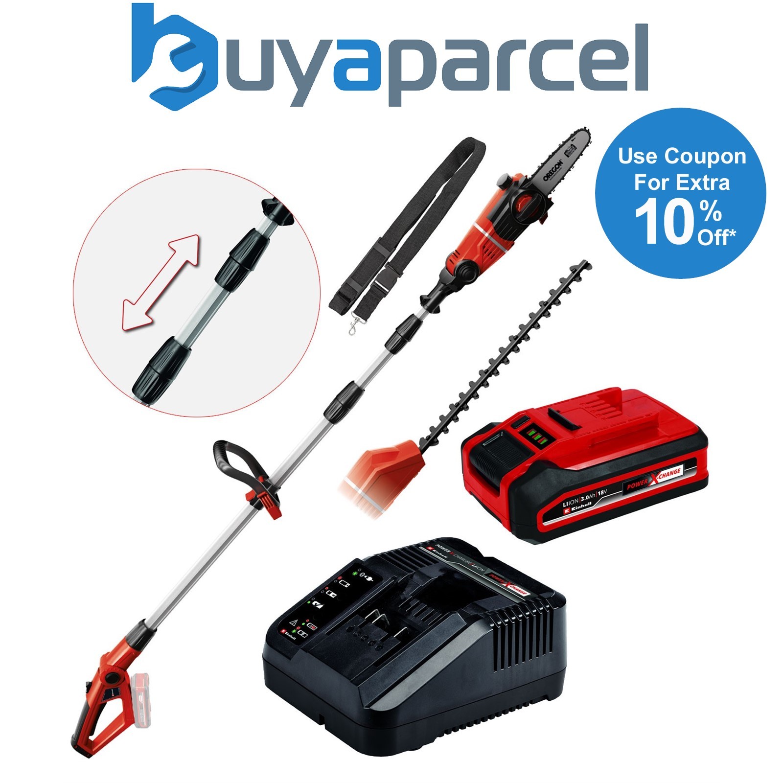 Einhell 18v PXC Cordless Long Reach Pole Saw Pruner + Hedge Trimmer +3ah Battery