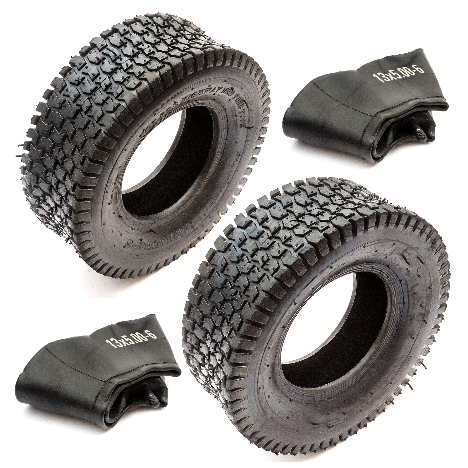 2x Tyre 13x5.00-6 Black Block Tread 2Ply & Straight Valve Tube RideOn Lawn Mower