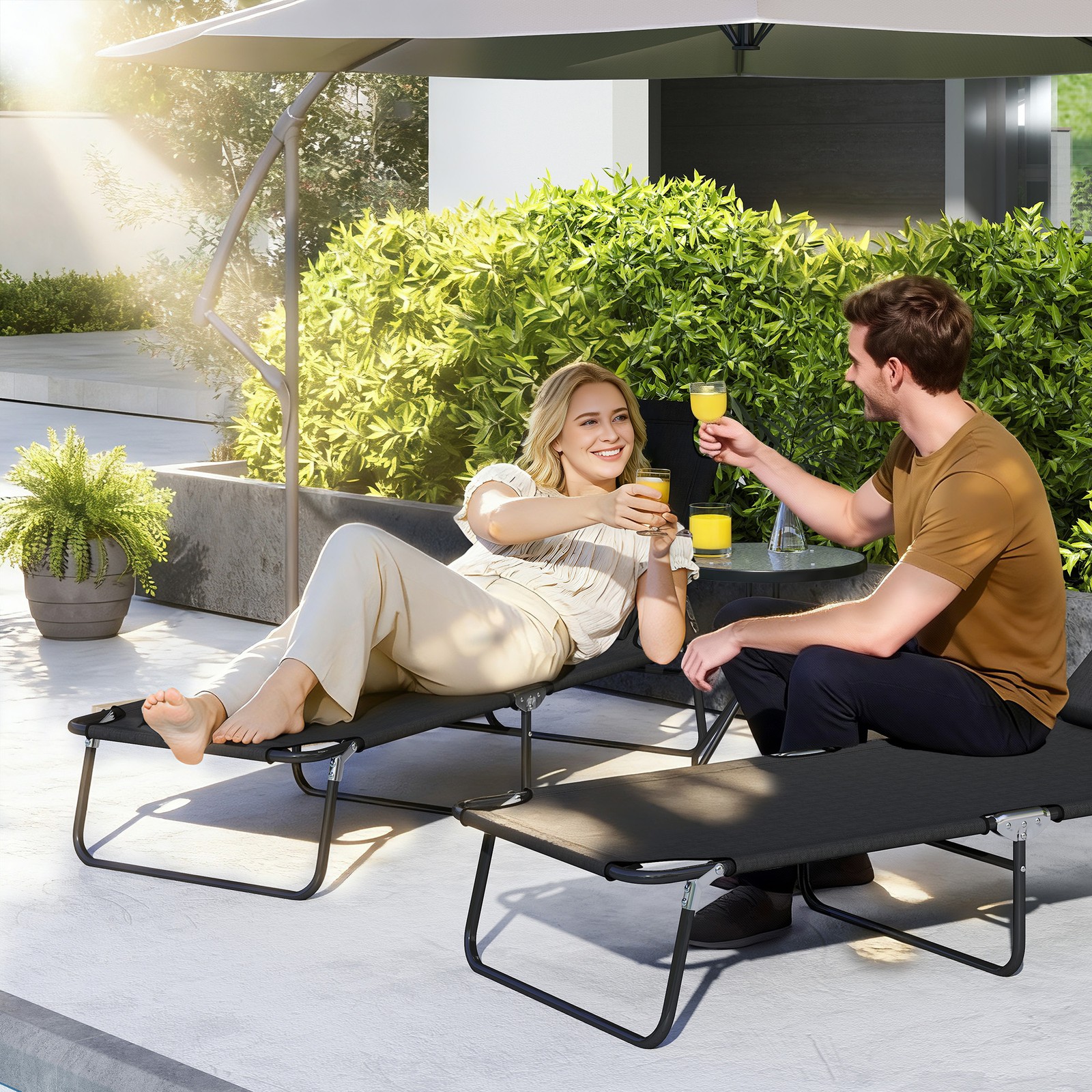 Sun Lounger Folding Recliner Chair Portable Reclining Garden Seat Bed Black