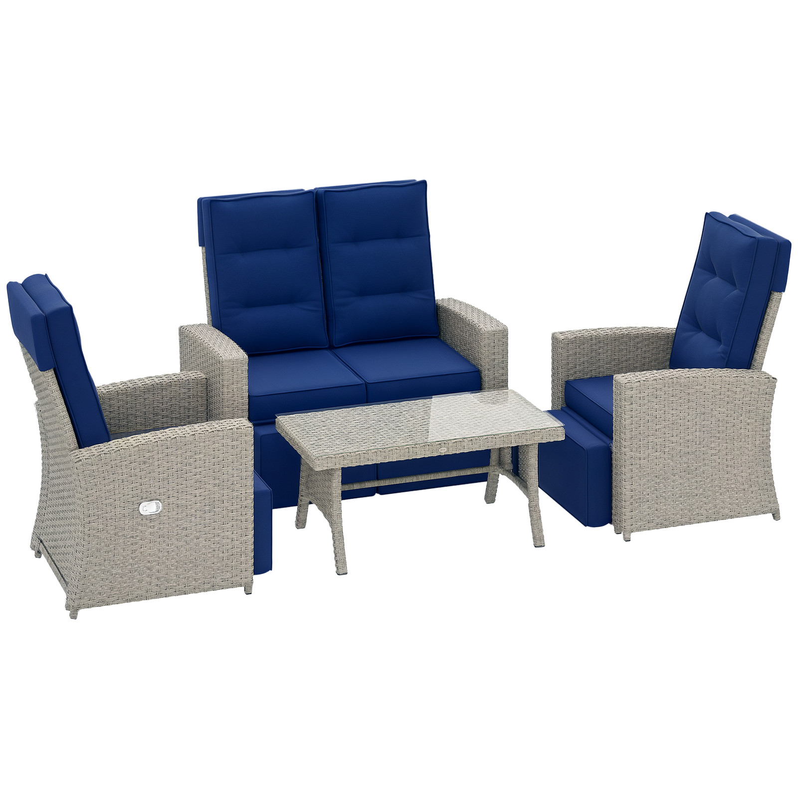 Outsunny 4 Piece Rattan Garden Furniture Set with Sofa, Glass Table, Blue