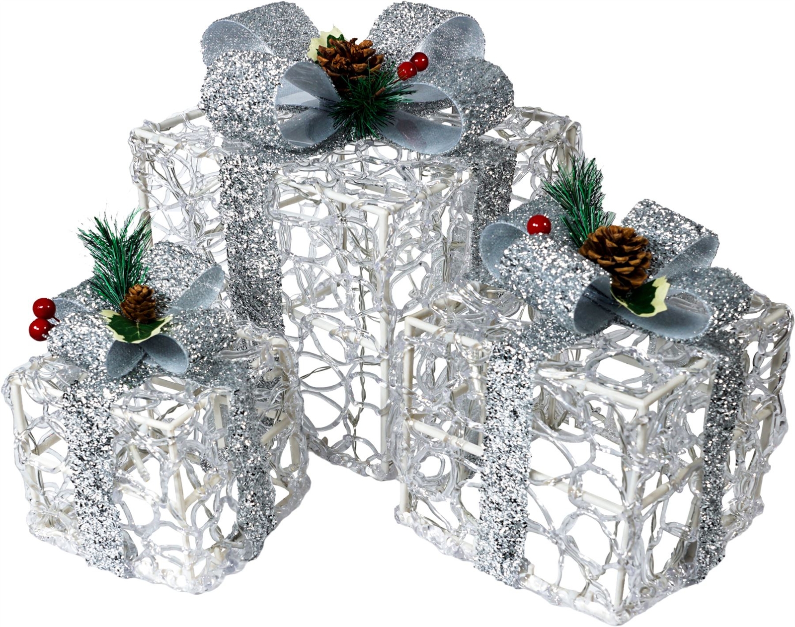 Christmas Present Decoration LED Light Up Dec 3pc Gift Boxes Parcels Silver