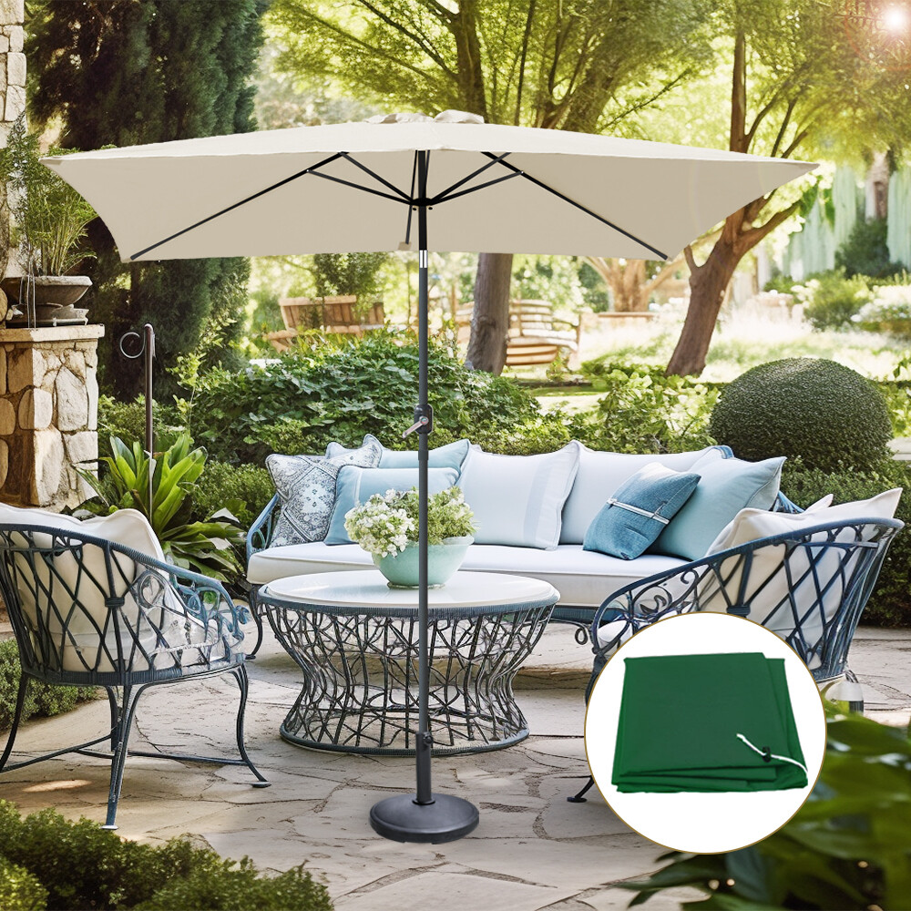 2x3m Patio Garden Parasol Cream Rectangular Umbrella Tilt Crank with Base Cover