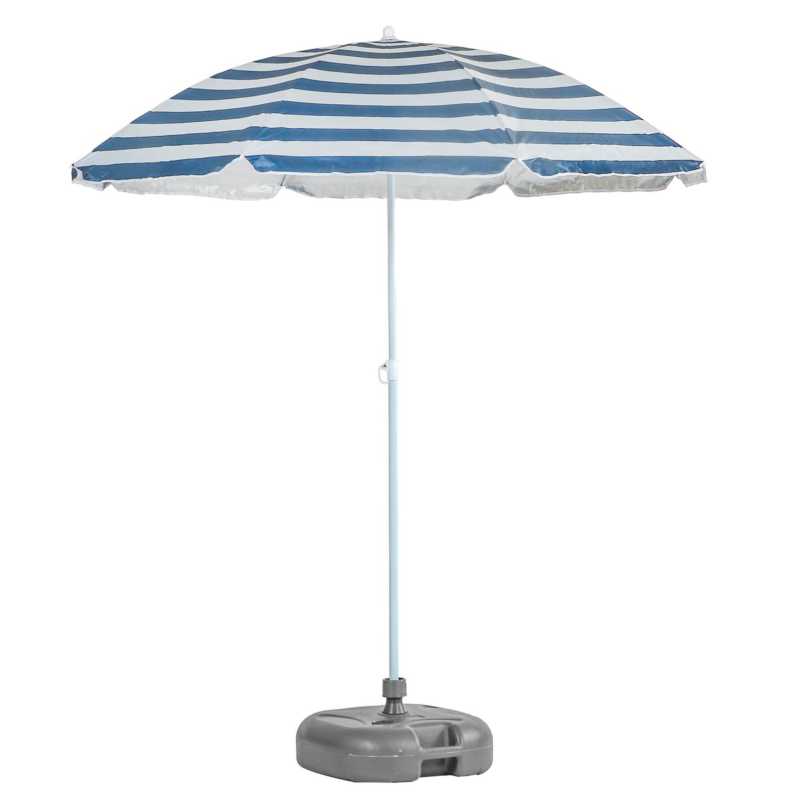Metal Beach Parasol with Base 1.8M x 2M Blue Stripe/Grey UPF50+ Garden Umbrella