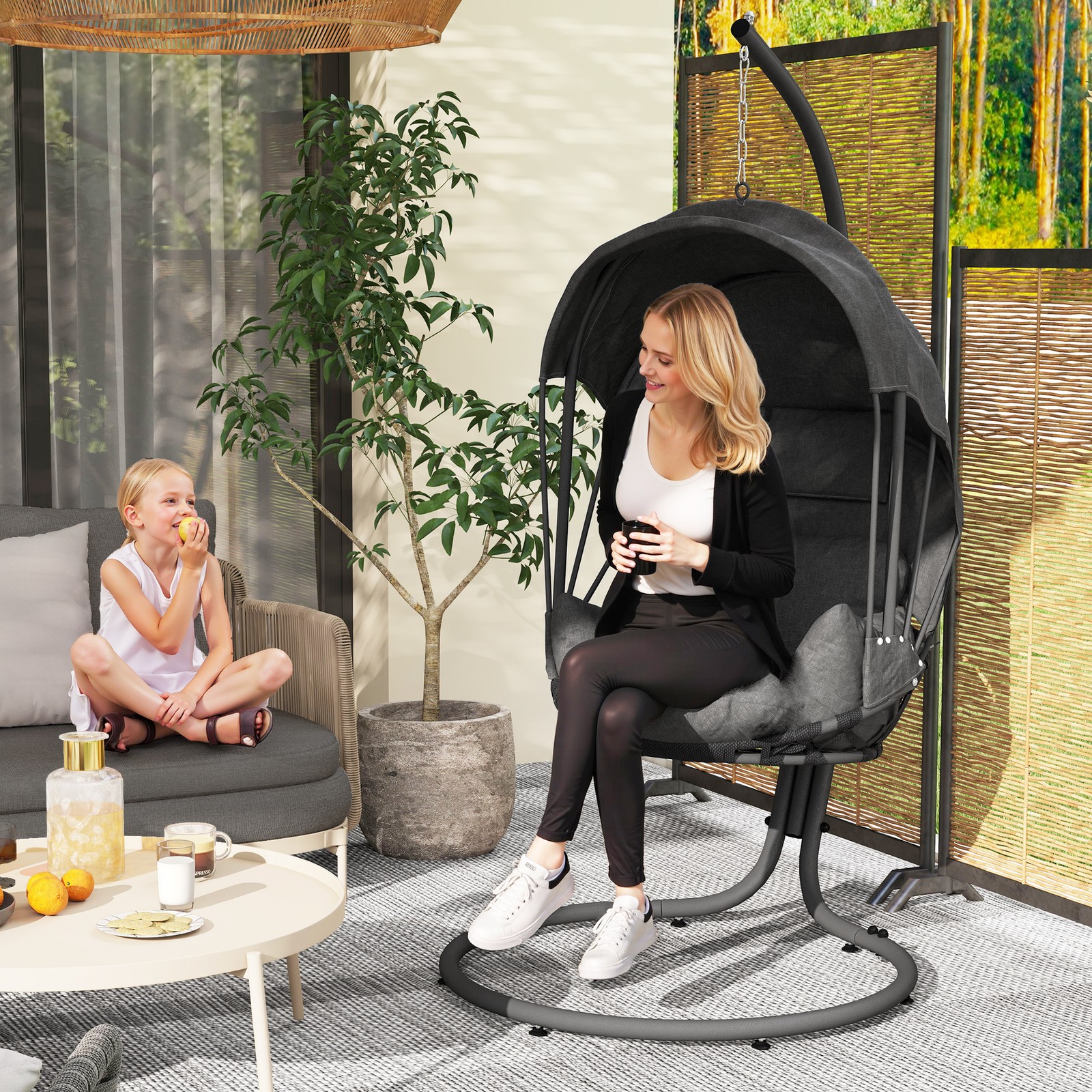 Outdoor Hanging Egg Chair with Stand, Cushion and Foldable Basket, Grey