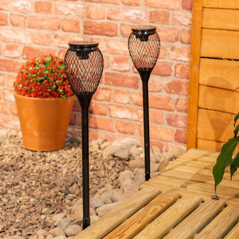 2 Pack Solar Powered Black Metal Caged Spike Light Outdoor Garden Stake LED Lamp