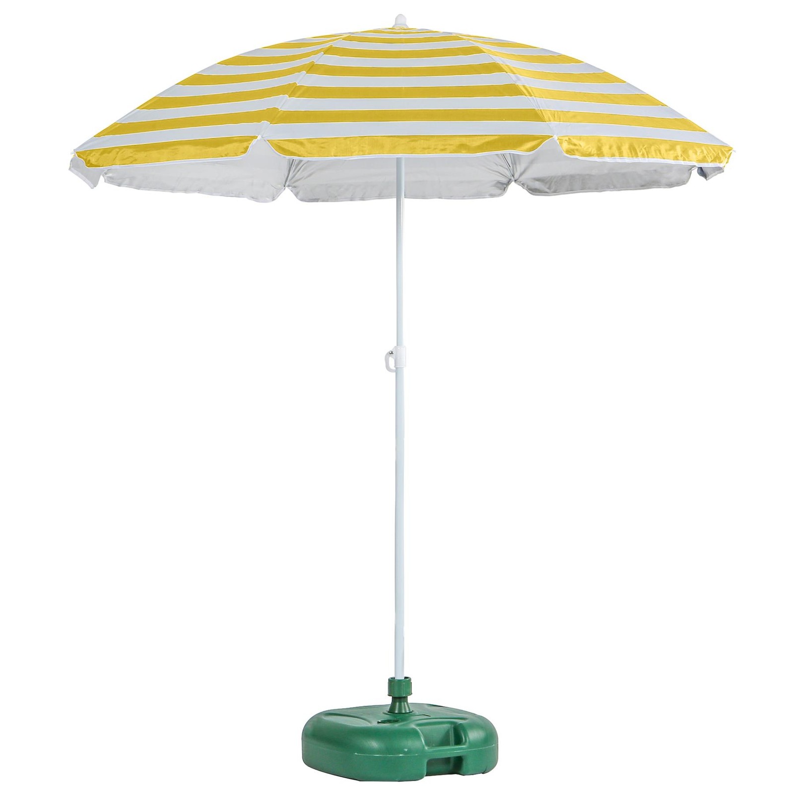 1x Metal Beach Parasol with Base 1.8M x 2M Yellow Stripe/Green UPF50+ Umbrella