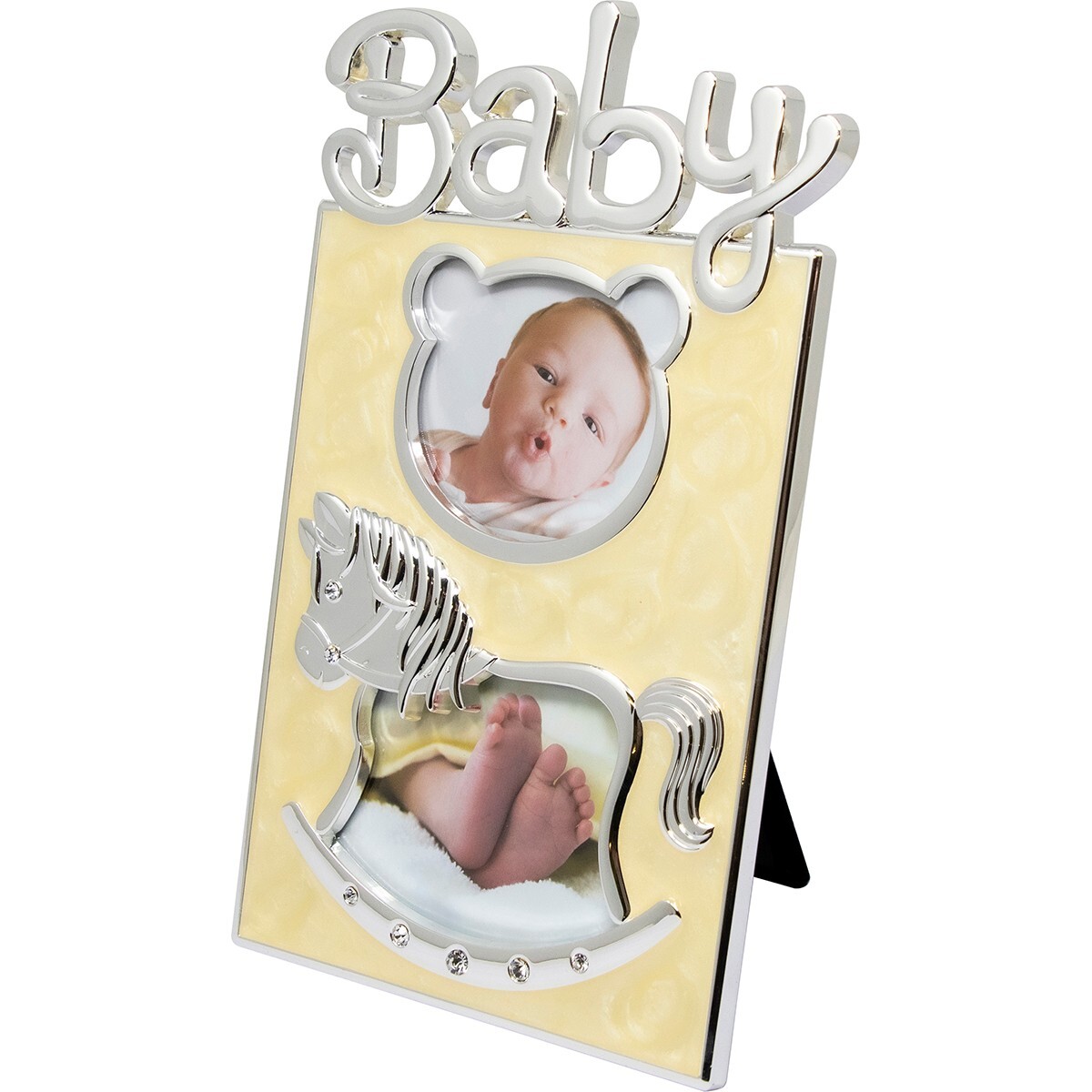 SILVER PLATED BABY PHOTO PICTURE FRAME DATA TEDDY STAND KEEPSAKE MEMORIES NEW