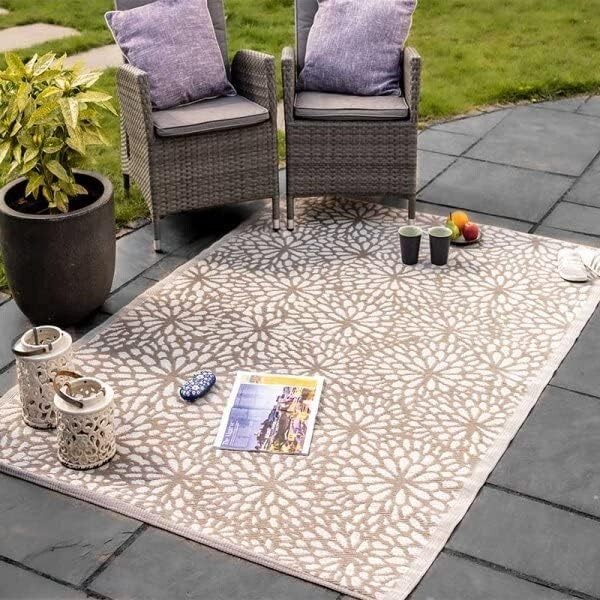 Non Slip Garden Rug Outdoor Large Mat Heavy Duty Brown Flowers Indoor 210cm