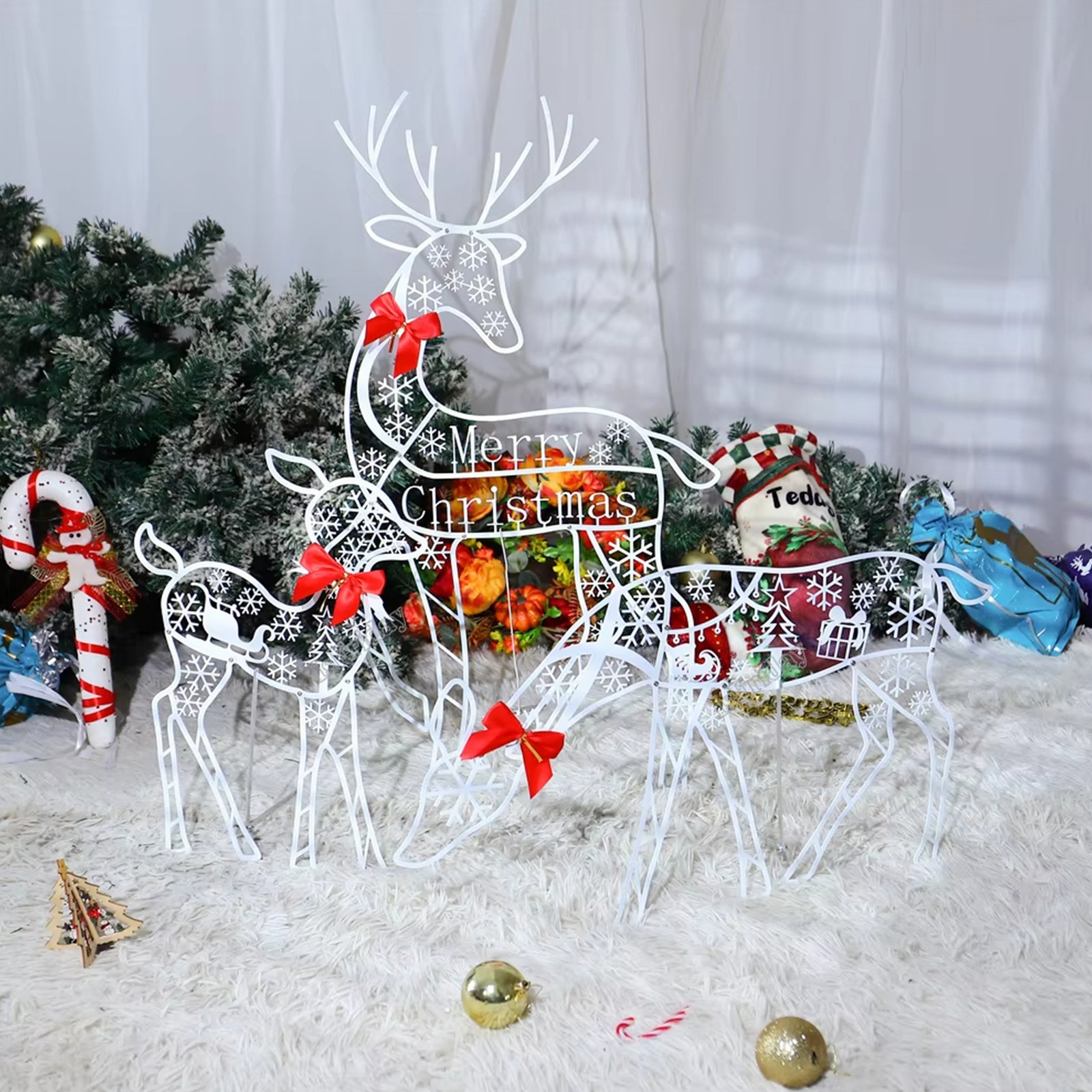 3PCS Handmade Iron ArtElk Deer Christmas Garden Decor &LED Light Glowing4039