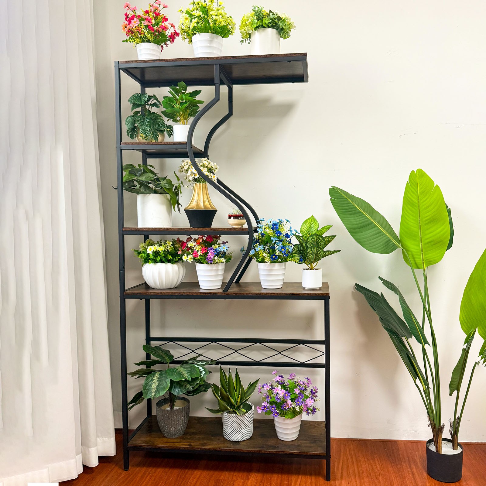 Large Wood Plant Stand Heavy Duty Metal Bookshelf Open Ladder Shelves Organizer
