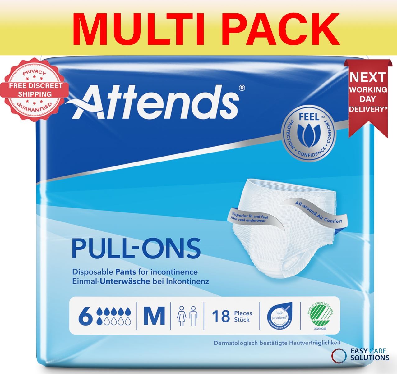 72 x Attends Pull Ons 6 - Medium | Adult Pull Ons Pants | 4 Pack f 18