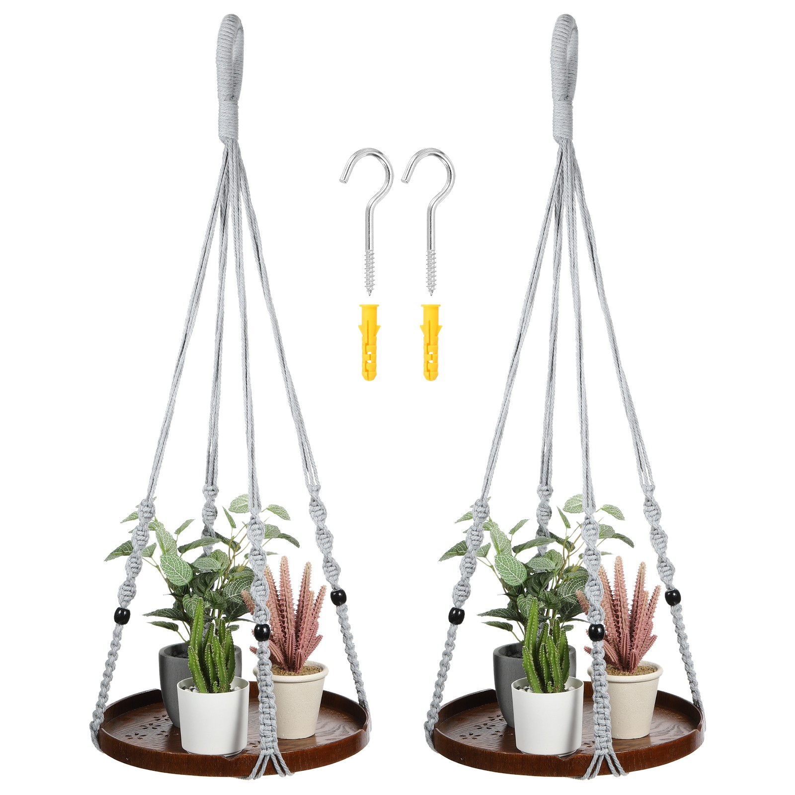 2 Pack Macrame Hanging Plant Shelf Indoor with Sturdy Wood Base, Grey