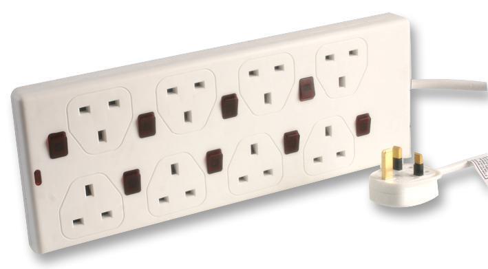 Extension Lead 8 Gang Way 2M Neon Individually Switched 13A Wall Mounted