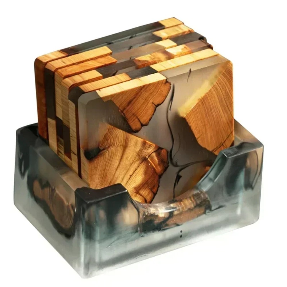 Wood Coasters Set with Epoxy Resin - Modern Coasters with Holder for Drinks3781