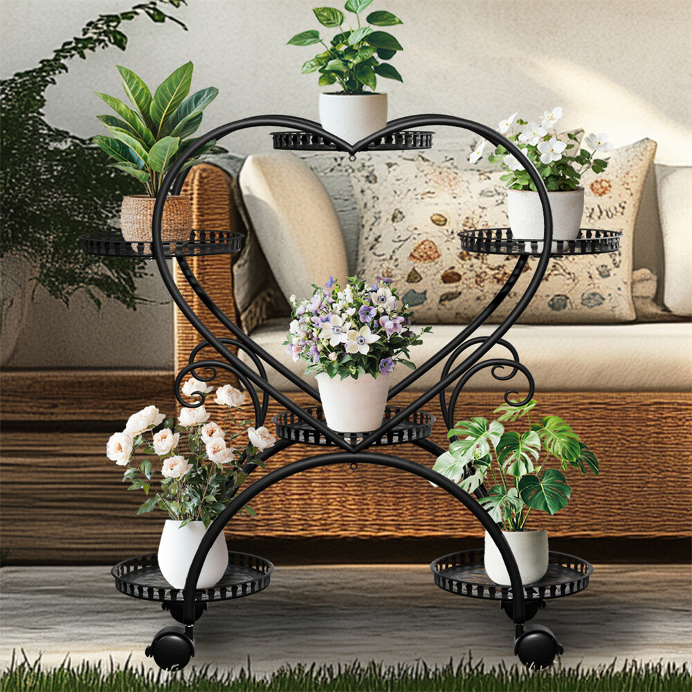 Indoor Outdoor 6 Pot Plant Stand w/ Roller Utility Storage Flower Rack Courtyard