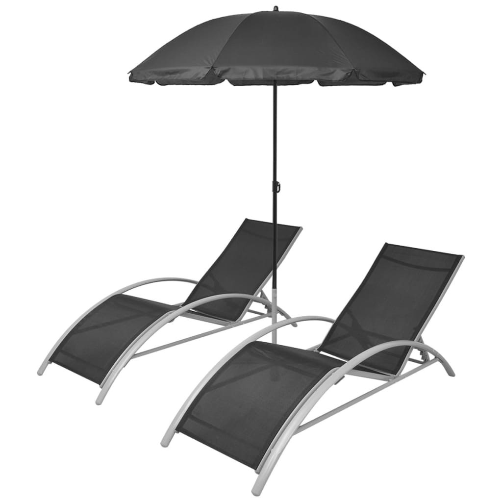 Sun Lounger Set 3 pcs with Umbrella Aluminium Black Patio Bench Chairs vidaXL