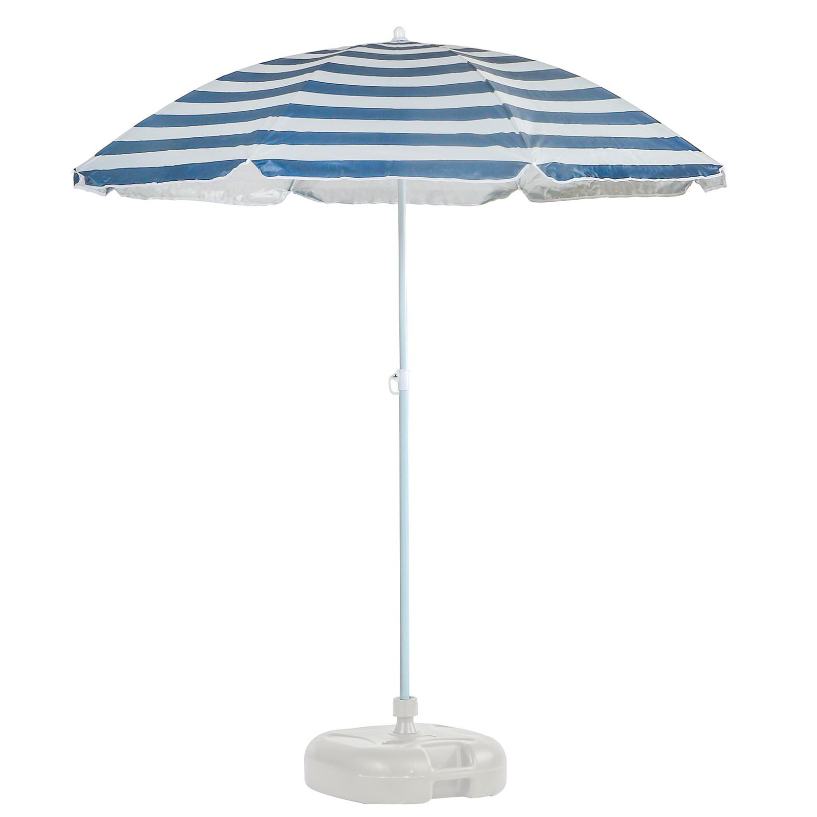 Metal Beach Parasol with Base 1.8M x 2M Blue Stripe/White UPF50+ Garden Umbrella
