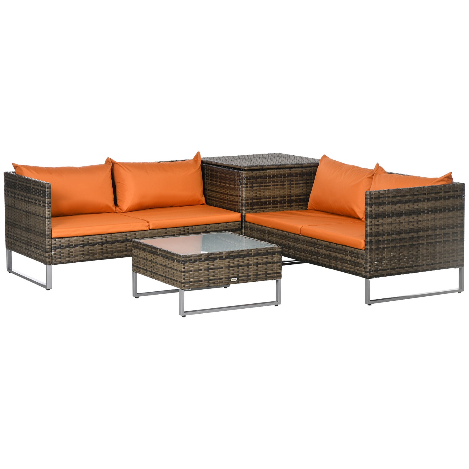 Outsunny Rattan Garden Furniture Set with Storage Table, Cushions, Orange