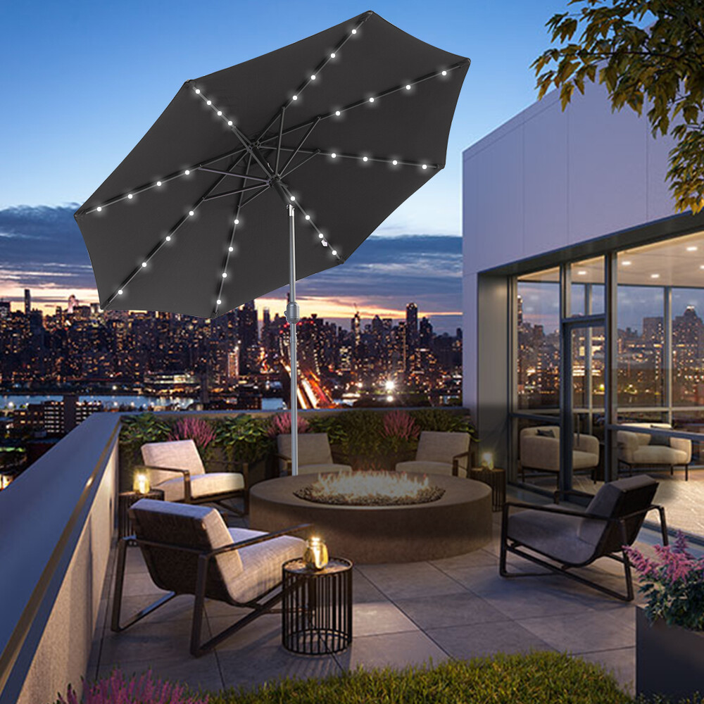 Black Round Garden Parasol LED Sun Shade Patio Outdoor Umbrella Crank Tilt 2.7M