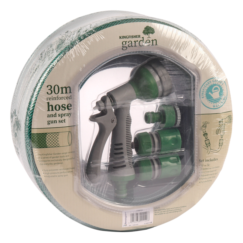 30m Reinforced Hose Pipe Green Garden, Tap Hosepipe and Spray Gun Set 430SGS
