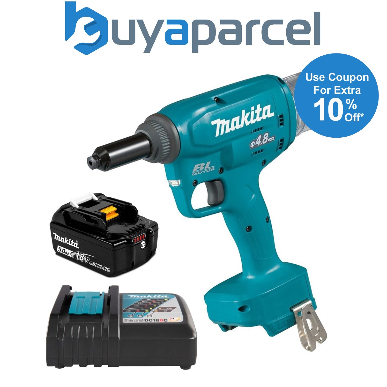 Makita DRV150Z 18v Brushless Cordless Rivet Gun Riveting 10kN 25mm - 1x5ah Kit
