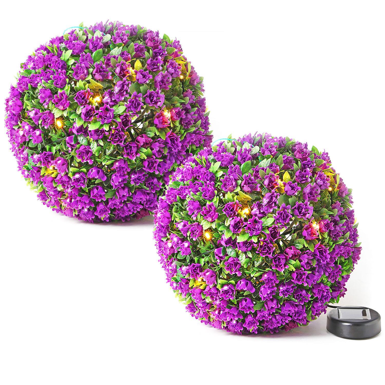 2 x 28cm Purple Rose Flower Solar Topiary Ball With 20 Led Lights Dual Function