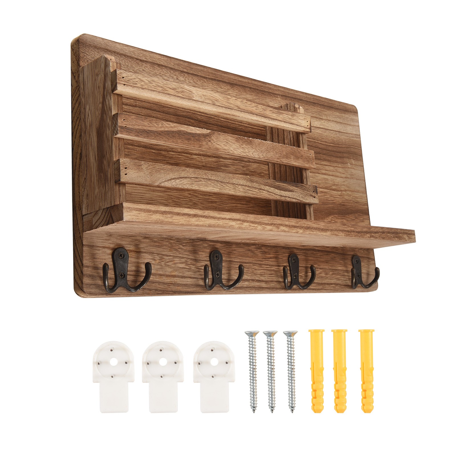 Wall Mounted Mail Holder Wooden Mail Sorter Organizer,with 4 Key Hooks2361