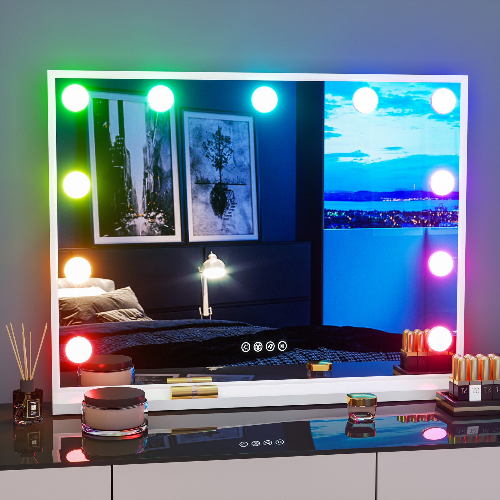 Bluetooth Hollywood Lighted Makeup Mirror Color Changing RGB Bulbs Dressing Room