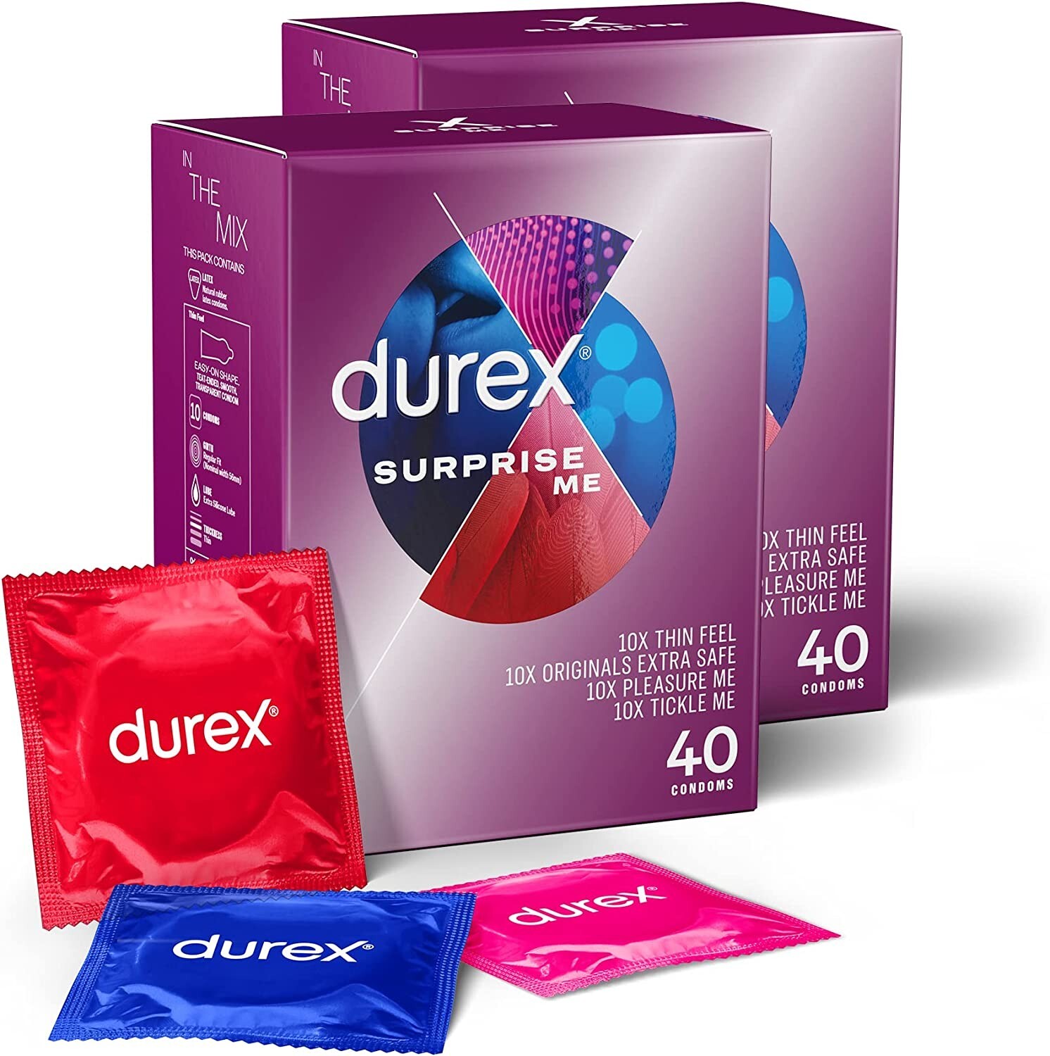 Durex Surprise Me 40 Mixed Latex Condoms Pack of 2 ( 80 Condoms)