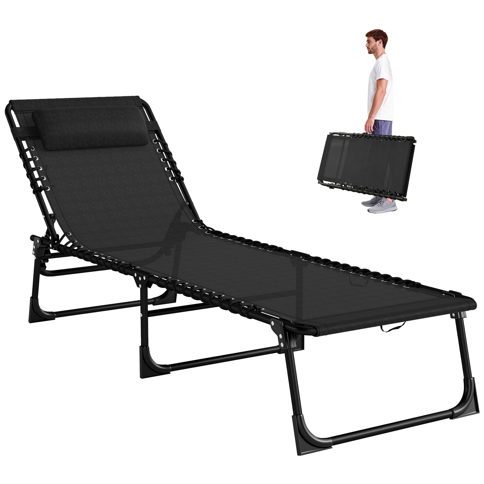 Outsunny Folding Beach Chair Chaise Lounge 4 Adjustable Positions, Black