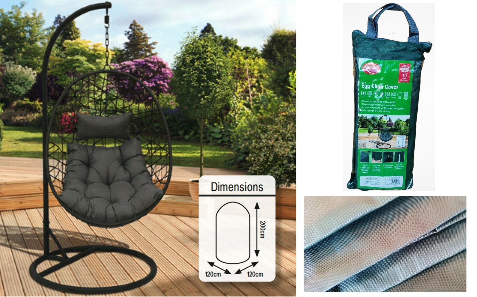 Heavy Duty Single Egg Chair Cover UV Treated Waterproof Woven Fabric 200 x 120cm