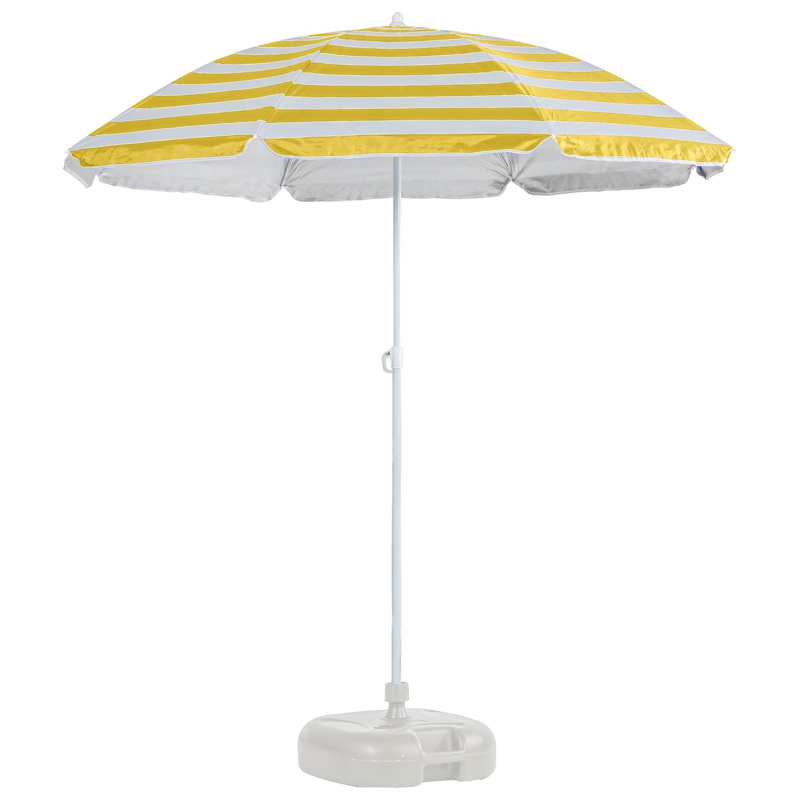 1x Metal Beach Parasol with Base 1.8M x 2M Yellow Stripe/White UPF50+ Umbrella