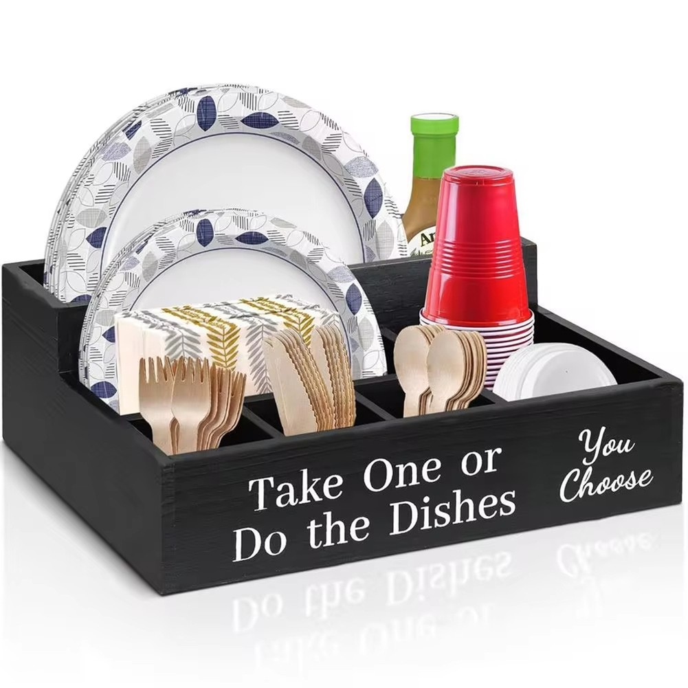 Farmhouse Rustic Wooden Plate Cup Napkin Dispenser Box Plate Organizer6543