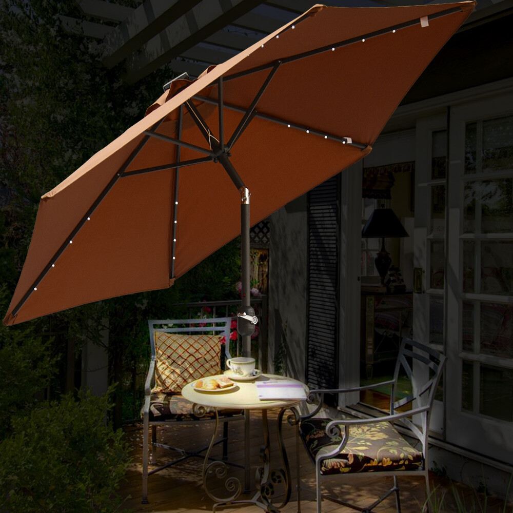 2.5M Outdoor Garden Parasol Sun Shade Patio Solar LED Umbrella Crank Tilt Coffee