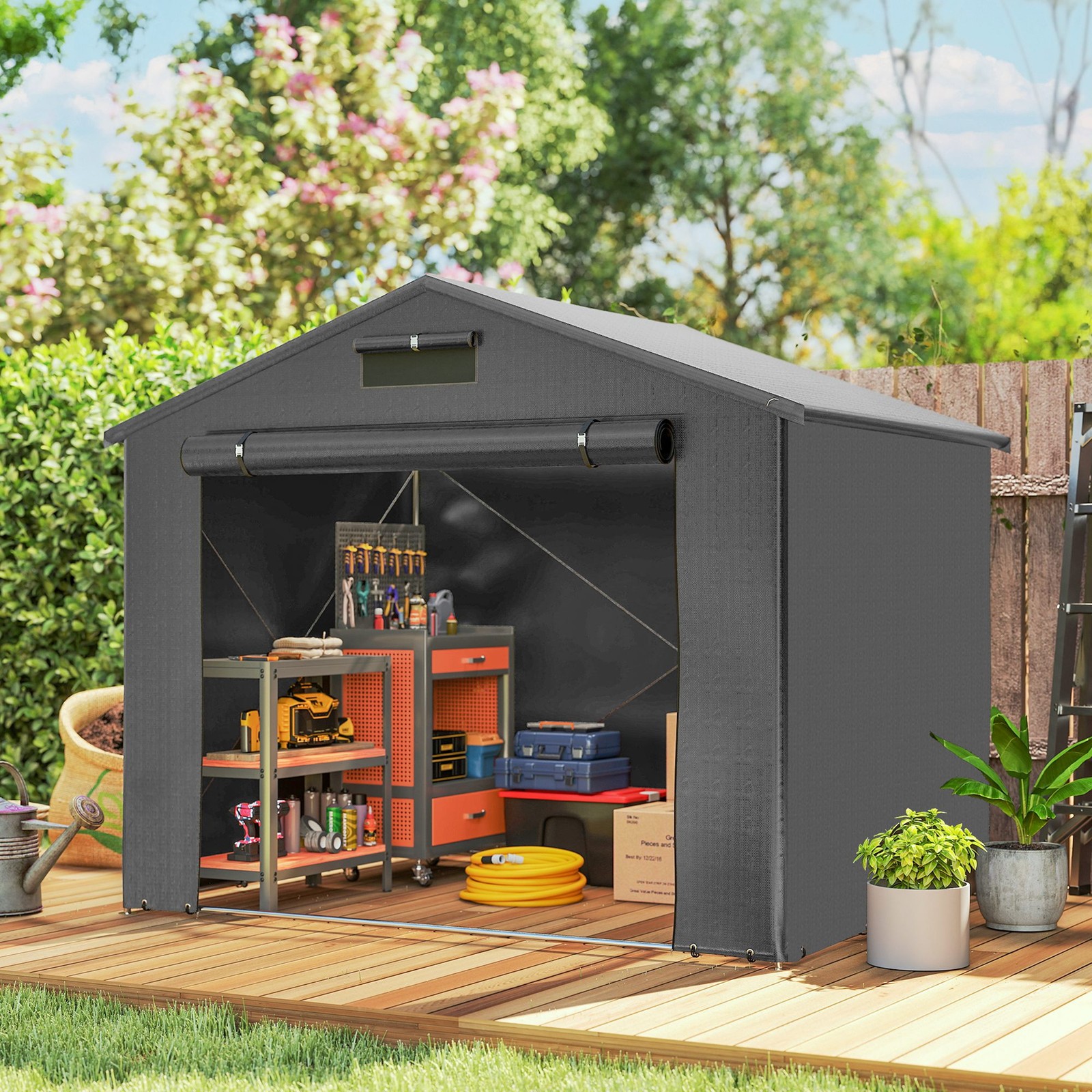 8 x 4 ft Garden Storage Shed Tent with Roll-up Zipper Door, Dark Grey