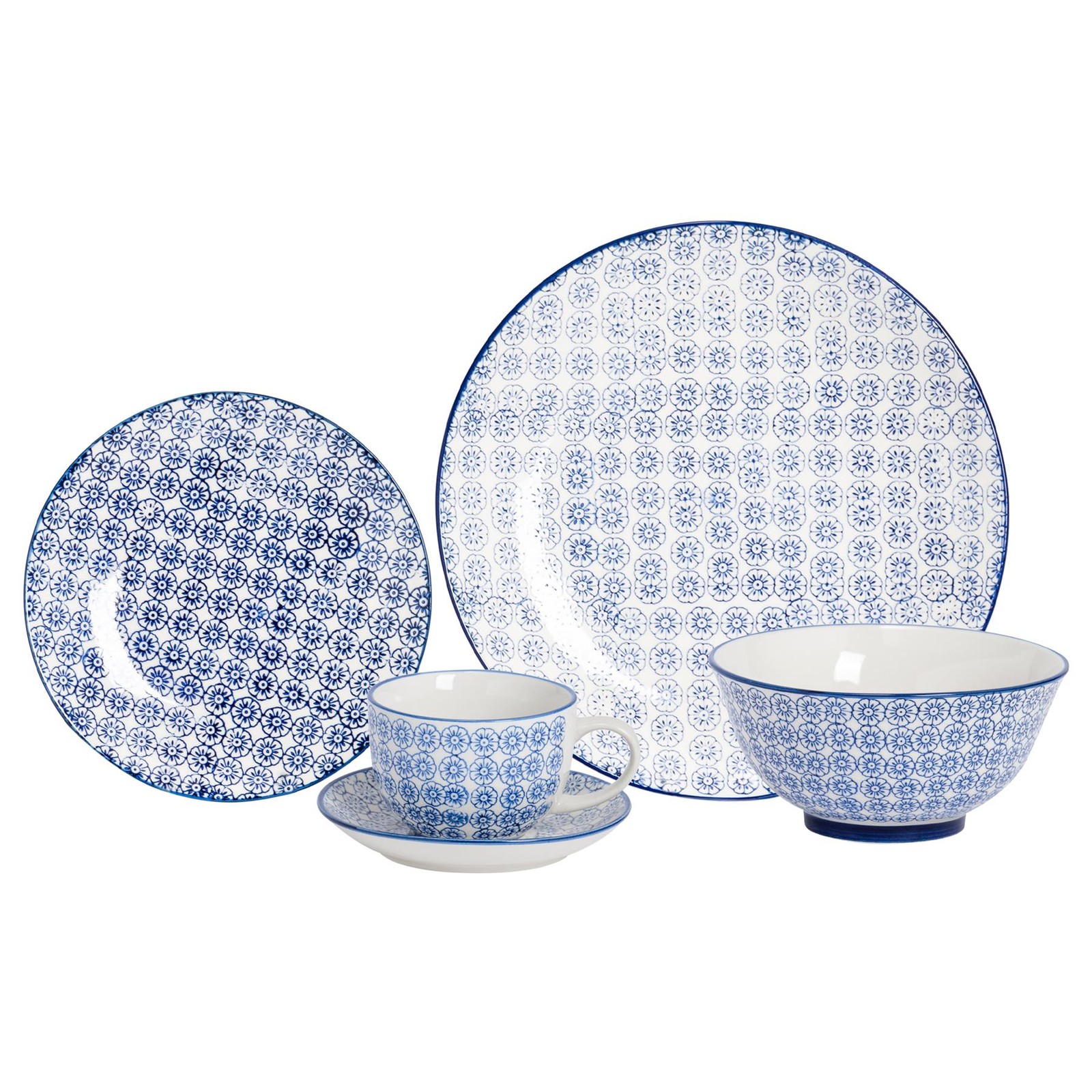 30 Piece Hand-Printed Dinner Set Porcelain Plates Bowls Cups Saucers Navy