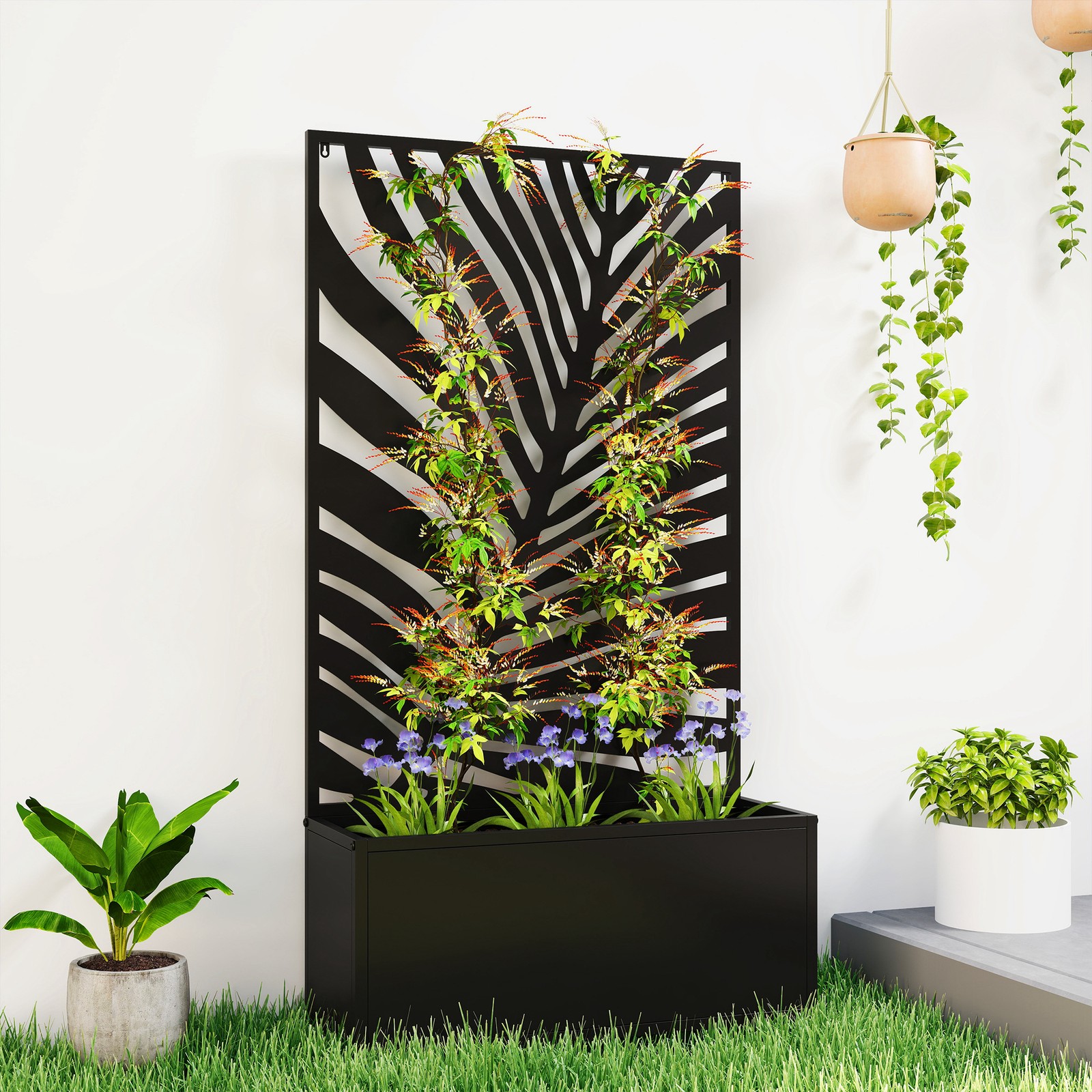 Planter Box with Privacy Screen, Wall Mounted or Freestanding Trellis Planter