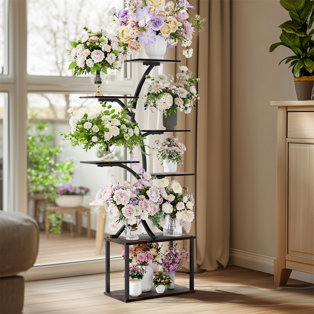 Metal Plant Stand Indoor Plant Shelf 7 Tier Square Black Home Storage Rack Gift