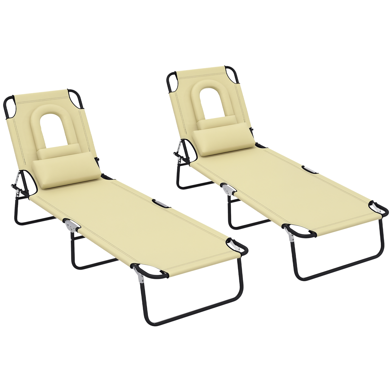 Outsunny Folding Sun Lounger Set of 2 Reclining Chair with Reading Hole Beige