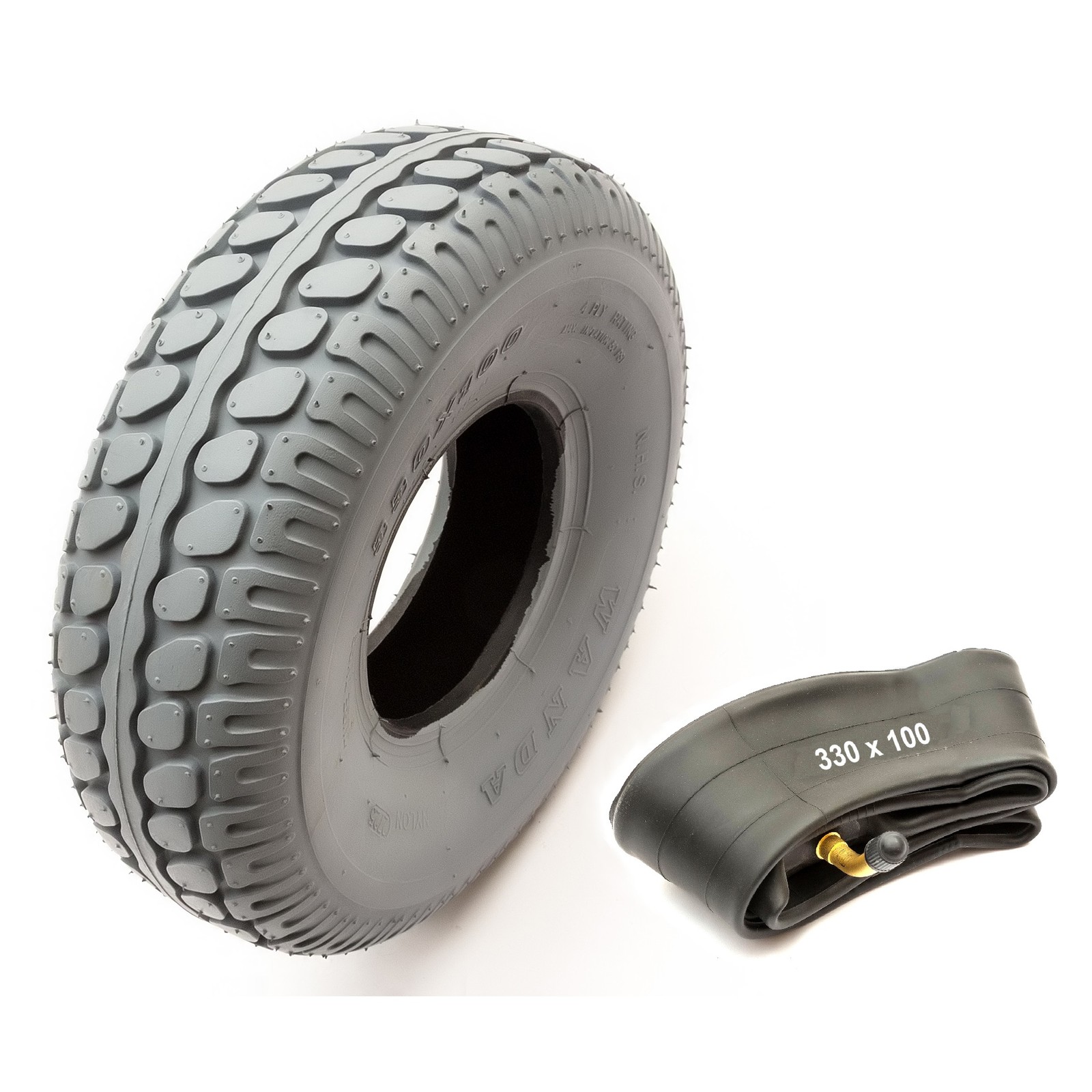 Tyre & Tube 330x100 Mobility Scooter 4 Ply Grey Non Marking Tire 5" Bent Valve