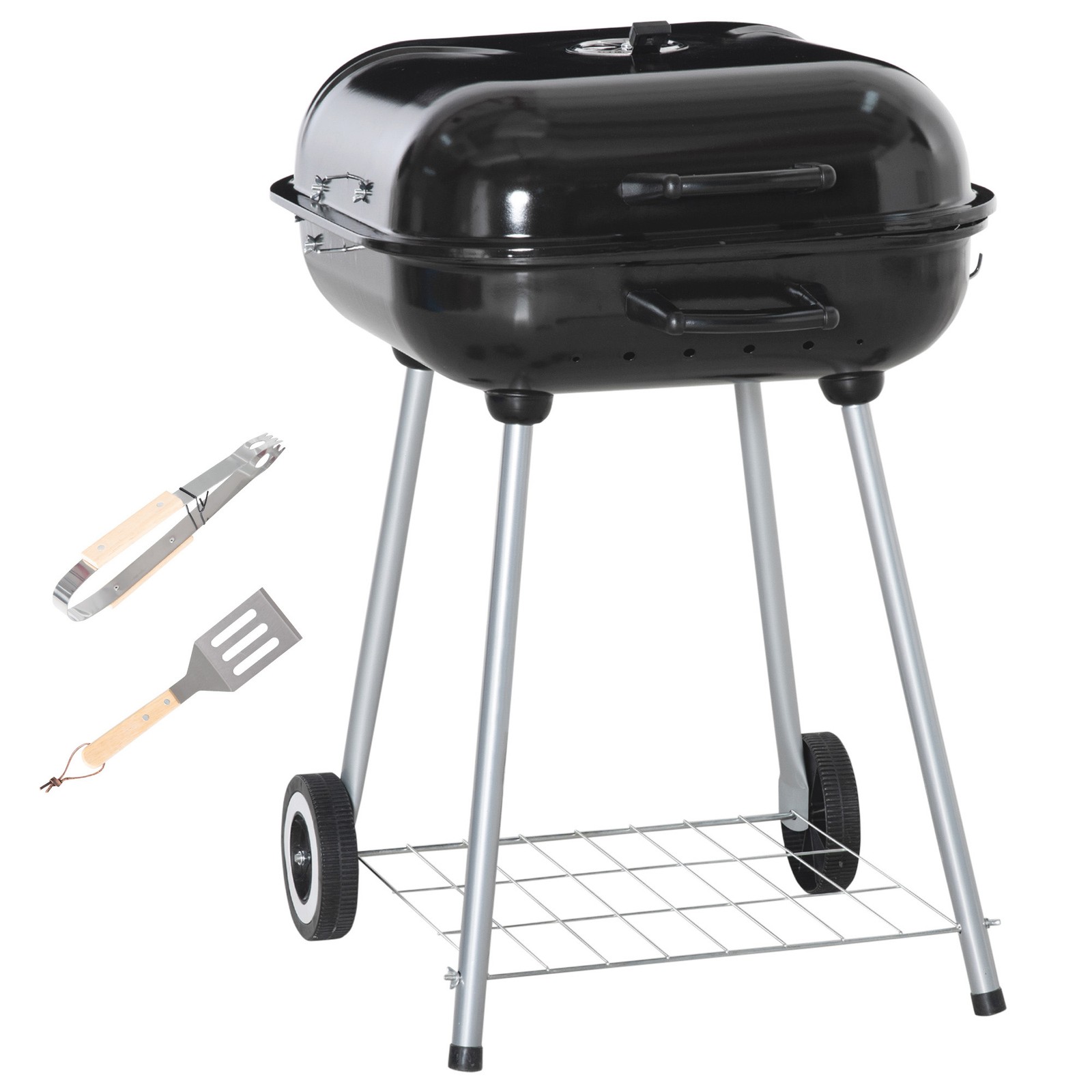 Outsunny BBQ Charcoal Smoker Grill Trolley with 2 Wheels and Grilling Utensils