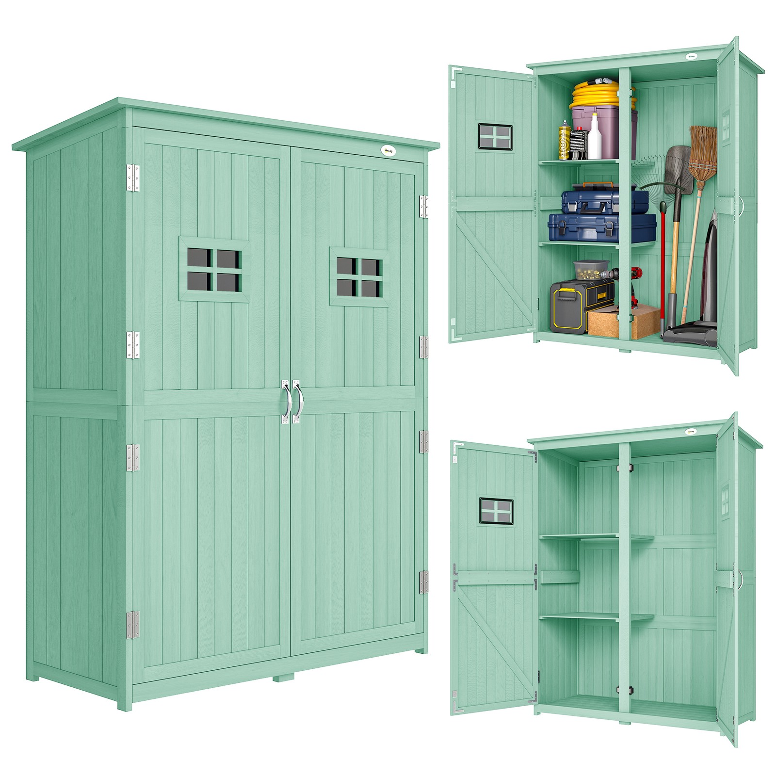 Outsunny Wooden Garden Shed Tool Storage Cabinet Double Door Shelf Green