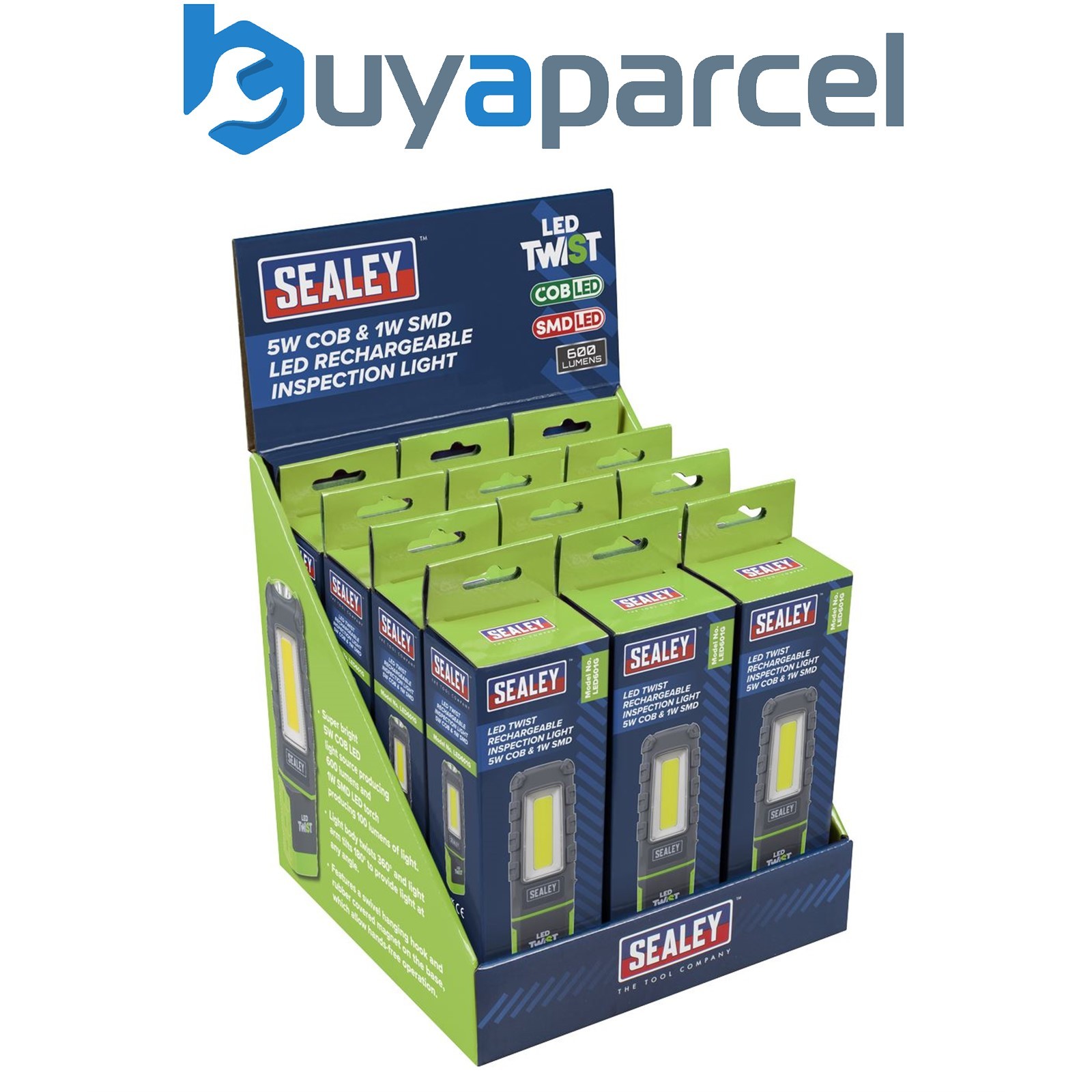 Sealey LED601GDB LED Twist Rechargeable Inspection Light, Green - Box of 12
