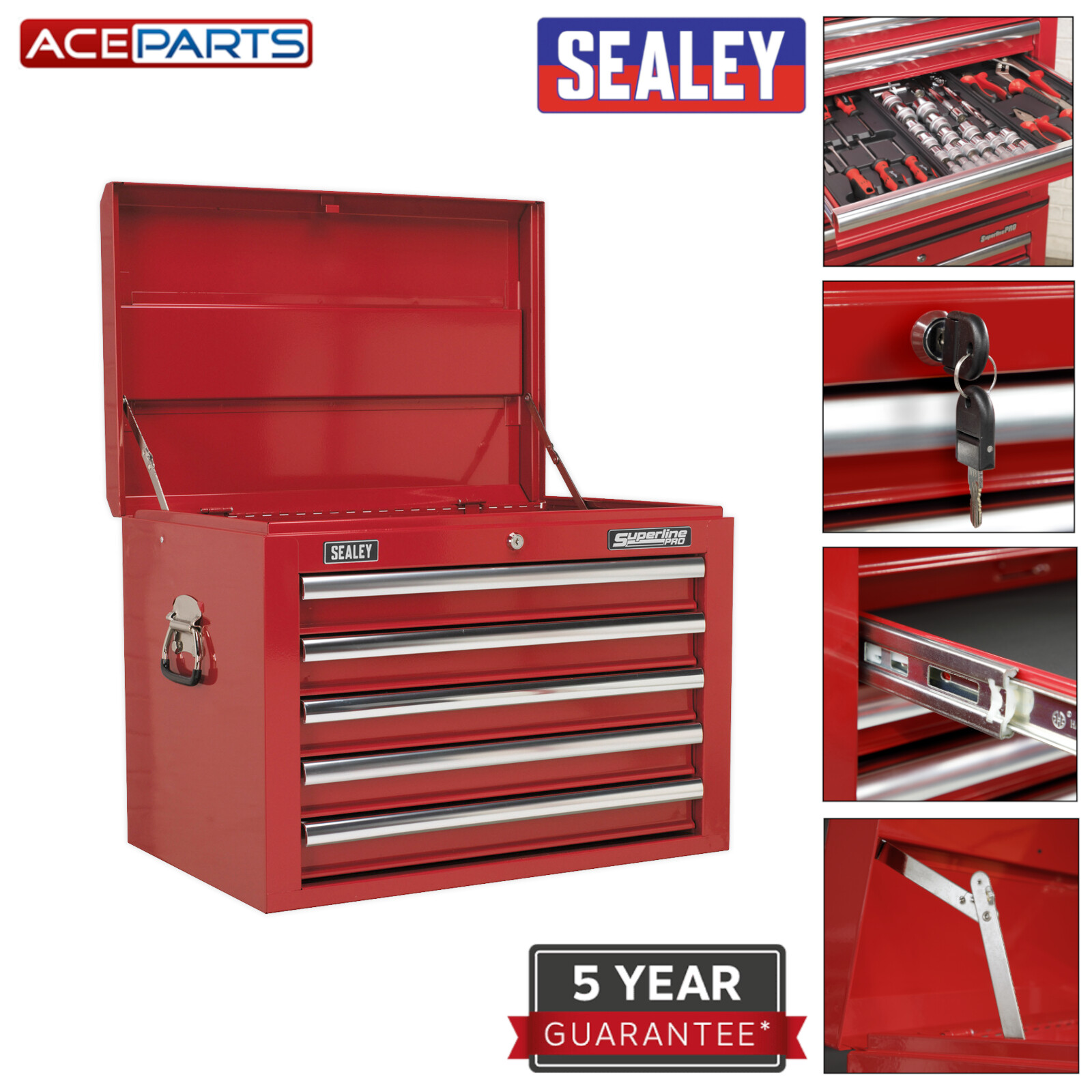 Sealey Red 5 Drawer Tools Storage Chest Topchest with Ball Bearing Slides