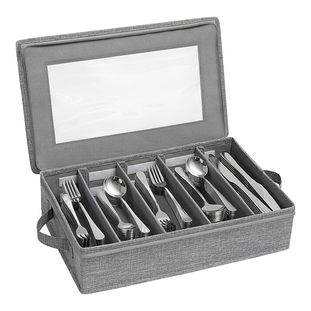 Silverware Storage Box,Flatware Organizer with Zipper Lid, 5 Compartment1342