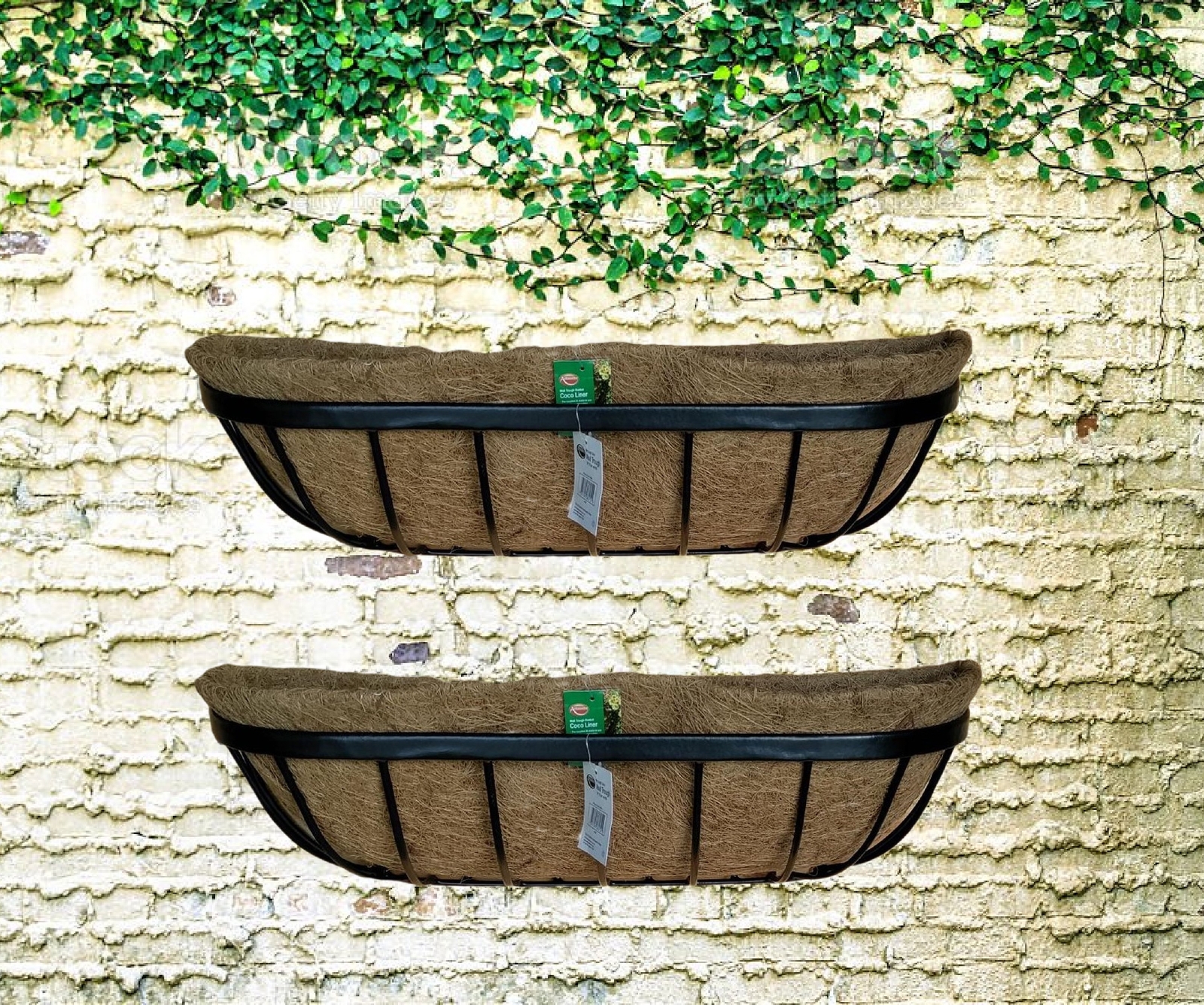 2 Wall Trough Planters & Coco Liners 24 Inch Iron Wall Mounted Flower Basket