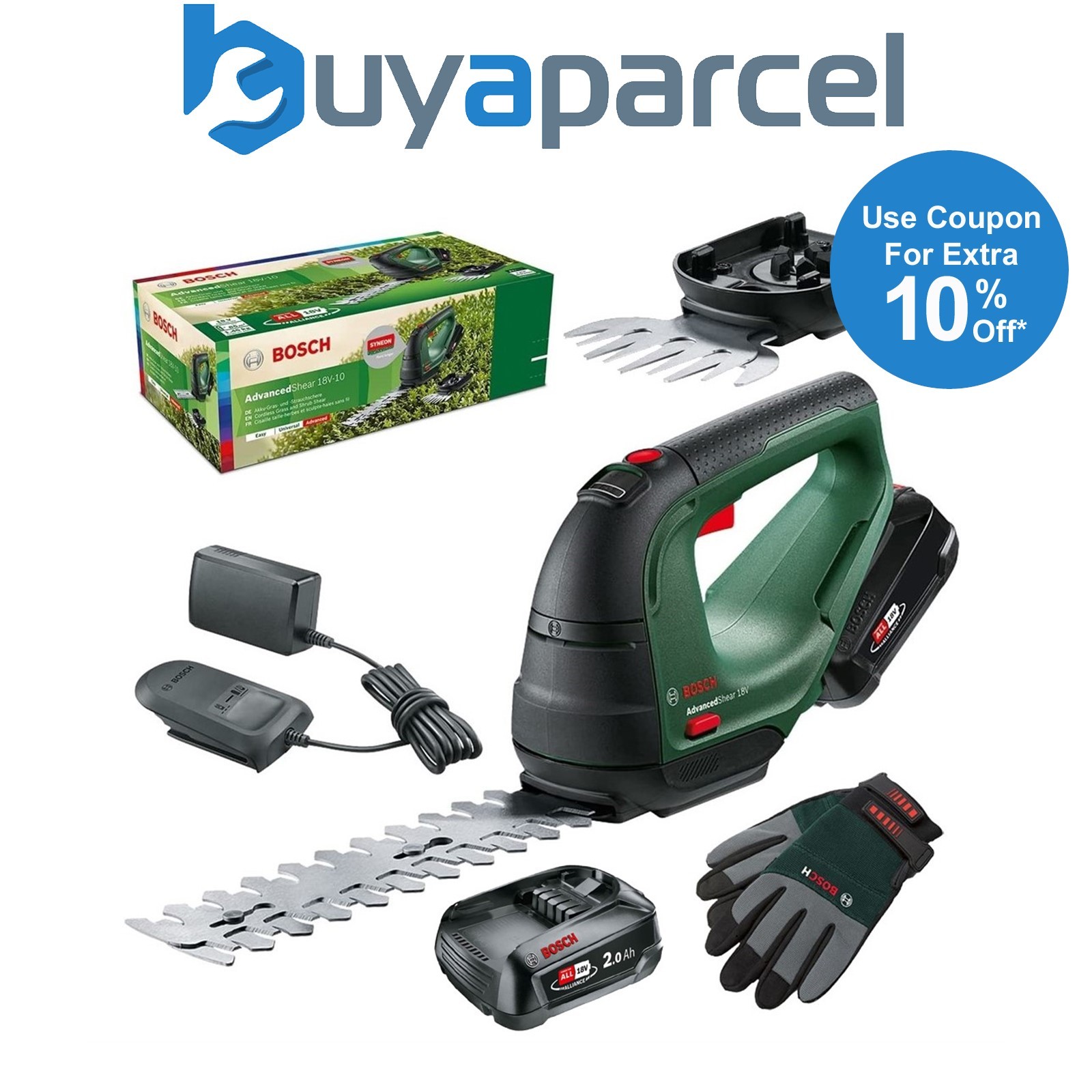 Bosch Advanced Shear 18V-10 Cordless Garden Pruner 18v Hedge 2 x 2.0Ah +Gloves