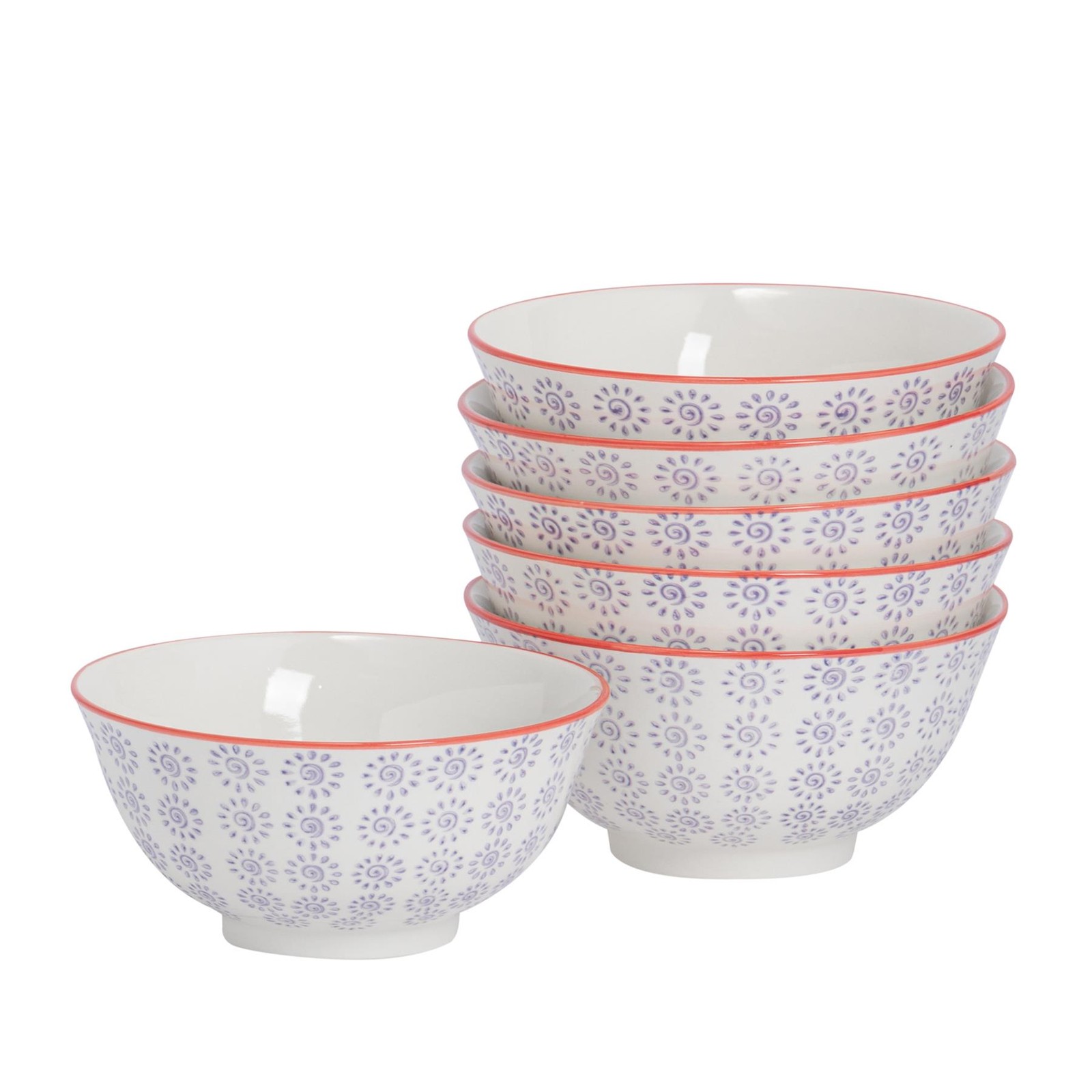 6x Hand-Printed Cereal Bowls Porcelain Breakfast Dining Crockery 16cm Purple