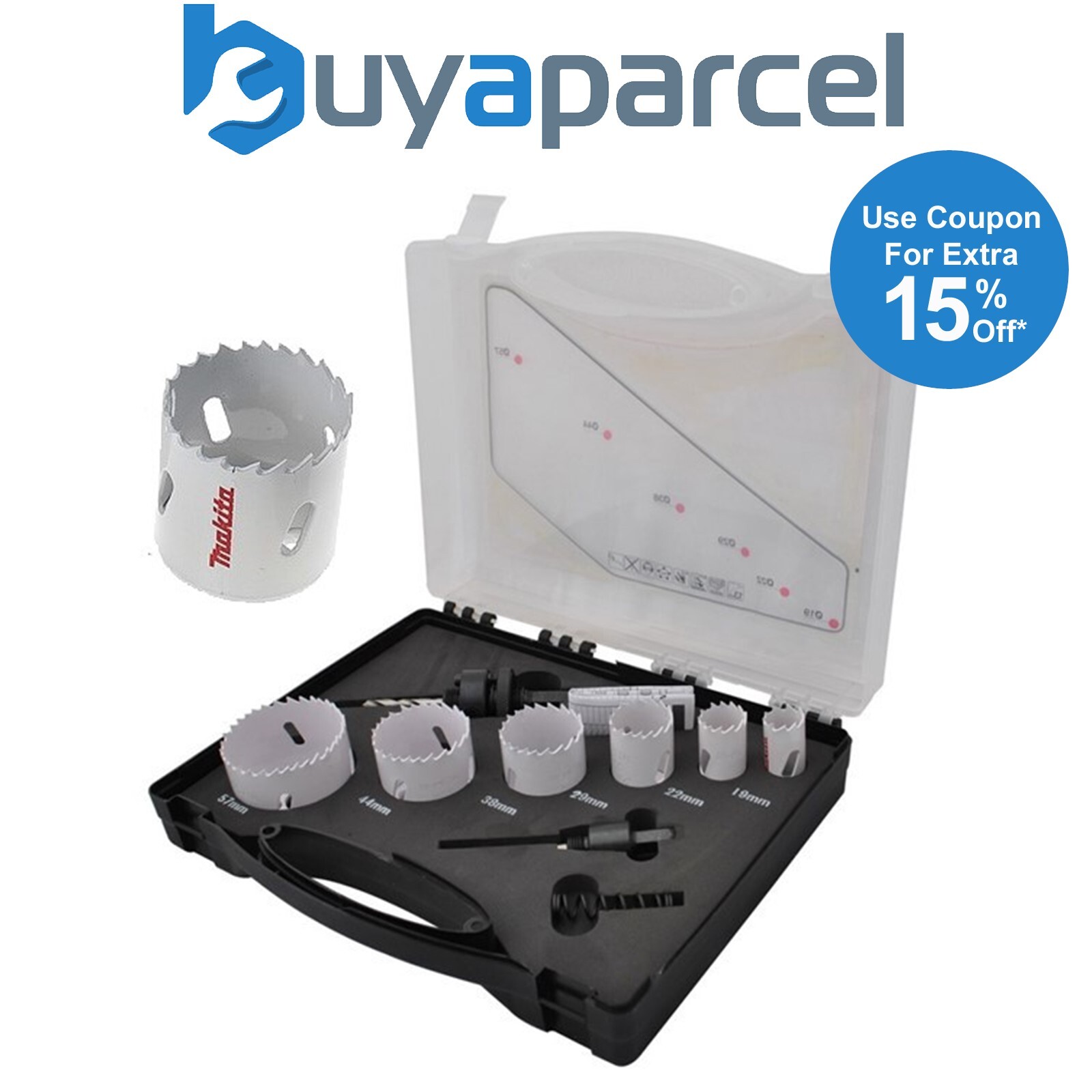 Makita 9 Piece Plumbers Holesaw Set 19 22 29 38 44 & 57mm - Inc 2 Arbor + Case