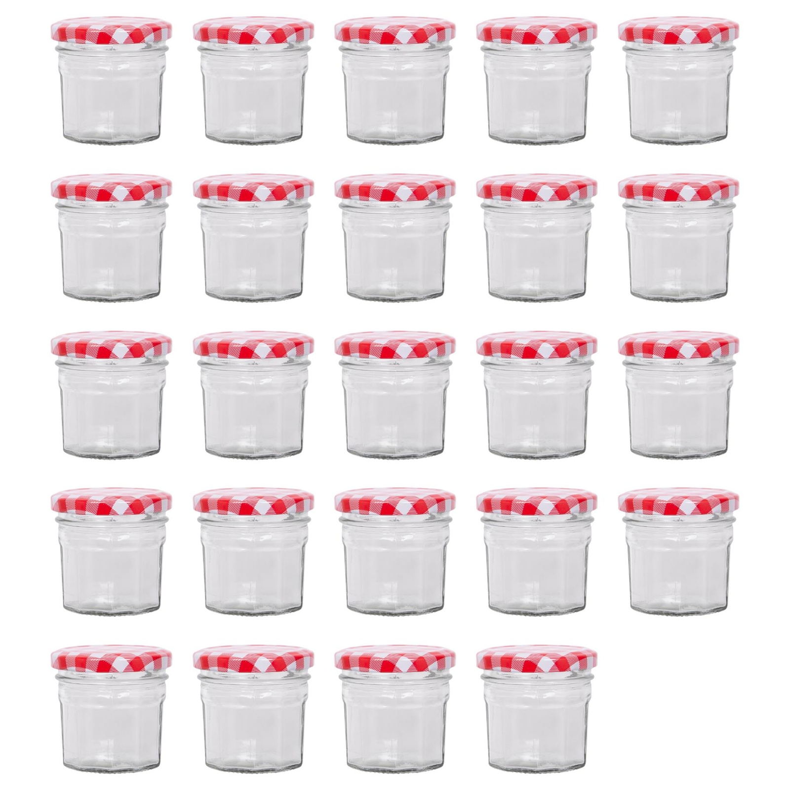 24x 90ml Glass Jam Jars with Red Gingham Lids Chutney Preserve Honey Storage